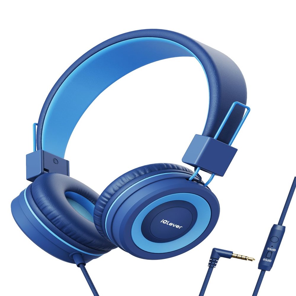 iClever HS14 Kids Wired Headphones, Light Blue, 85dB Volume Limiter, Stereo Sound, Built-in Mic, 3.5mm Audio Jack Compatible, 6.1 Ounces
