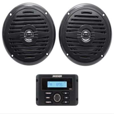 Kicker KMC3 Marine Digital Media Gauge Receiver w/Bluetooth/USB for Boat/ATV/UTV Bundle with Pair Rockville MS525B 5.25" 400 Watt Waterproof Marine Boat Speakers 2-Way Black