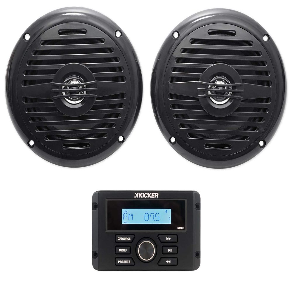Kicker KMC3 Marine Digital Media Gauge Receiver w/Bluetooth/USB for Boat/ATV/UTV Bundle with Pair Rockville MS525B 5.25" 400 Watt Waterproof Marine Boat Speakers 2-Way Black