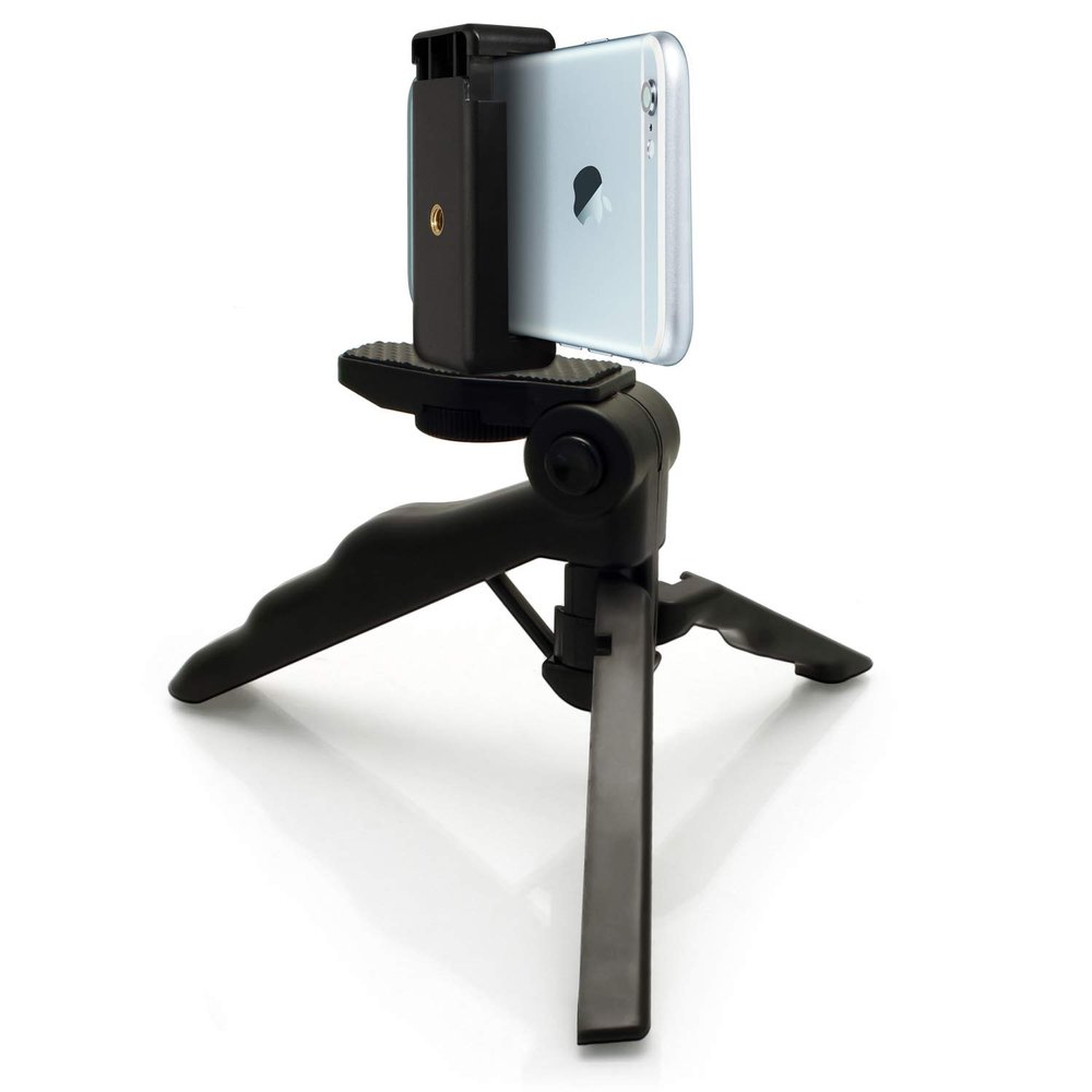 Acuvar 2 in 1 6.5" Inch Adjustable Tabletop Steady-Shot/Hand Grip Tripod with Smartphone Mount for All Smartphones and DSLR Cameras & Camcorders Works As Desktop or Handheld + Microfiber Cloth