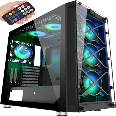 MUSETEX USB 3.0 Ports & 6 PCS 120mm LED ARGB Fans Pre-Installed ATX Mid Tower Computer Gaming Case with Remote Control Tempered Glass (BX6-MN6)