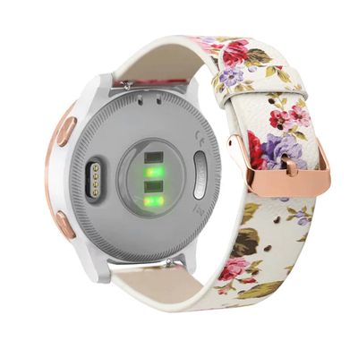 Abanen 18mm Leather Watch Bands for Garmin Vivoactive 4S / Venu 2S / Venu 3S / Vivomove 3S, Floral Printing Quick Release Women Wristband Strap with Rose-Gold Clasp for Forerunner 255s/265s