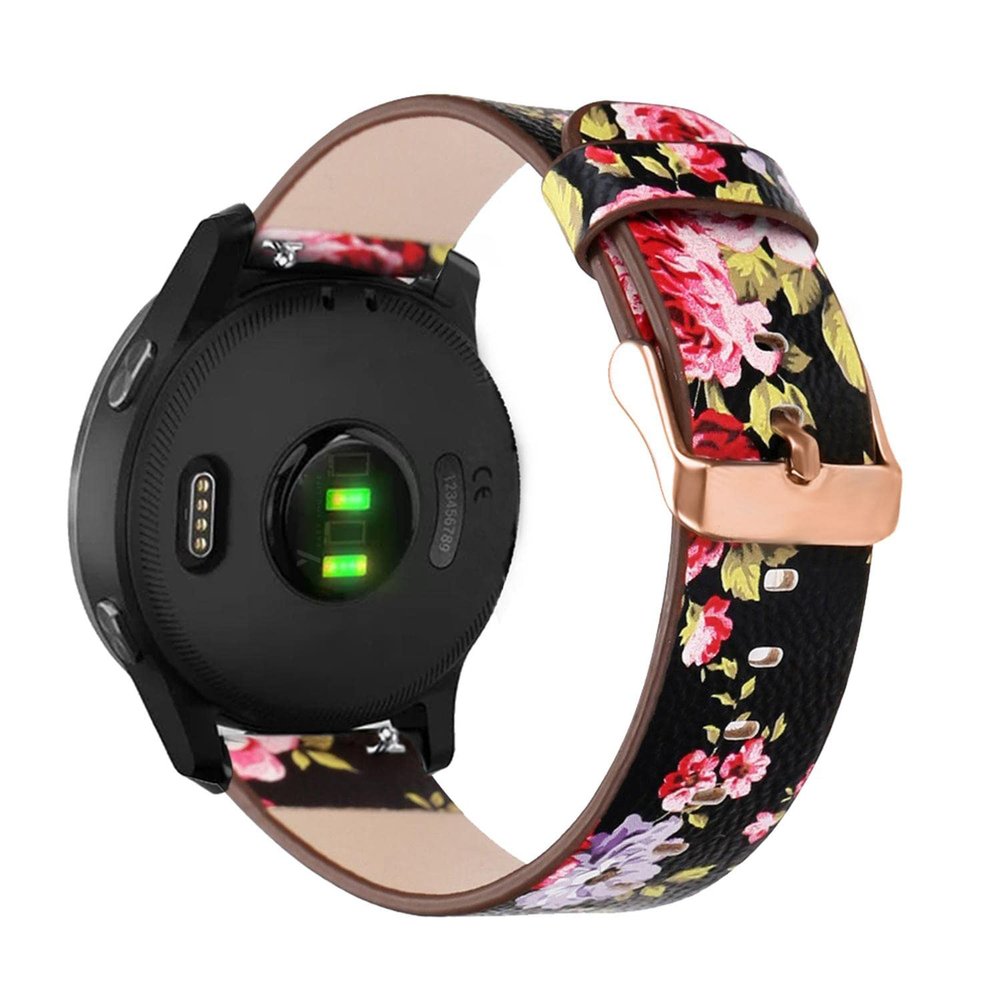 Abanen 18mm Leather Watch Bands for Garmin Vivoactive 4S / Venu 2S / Venu 3S / Vivomove 3S, Floral Printing Quick Release Women Wristband Strap with Rose-Gold Clasp for Forerunner 255s/265s (Black)