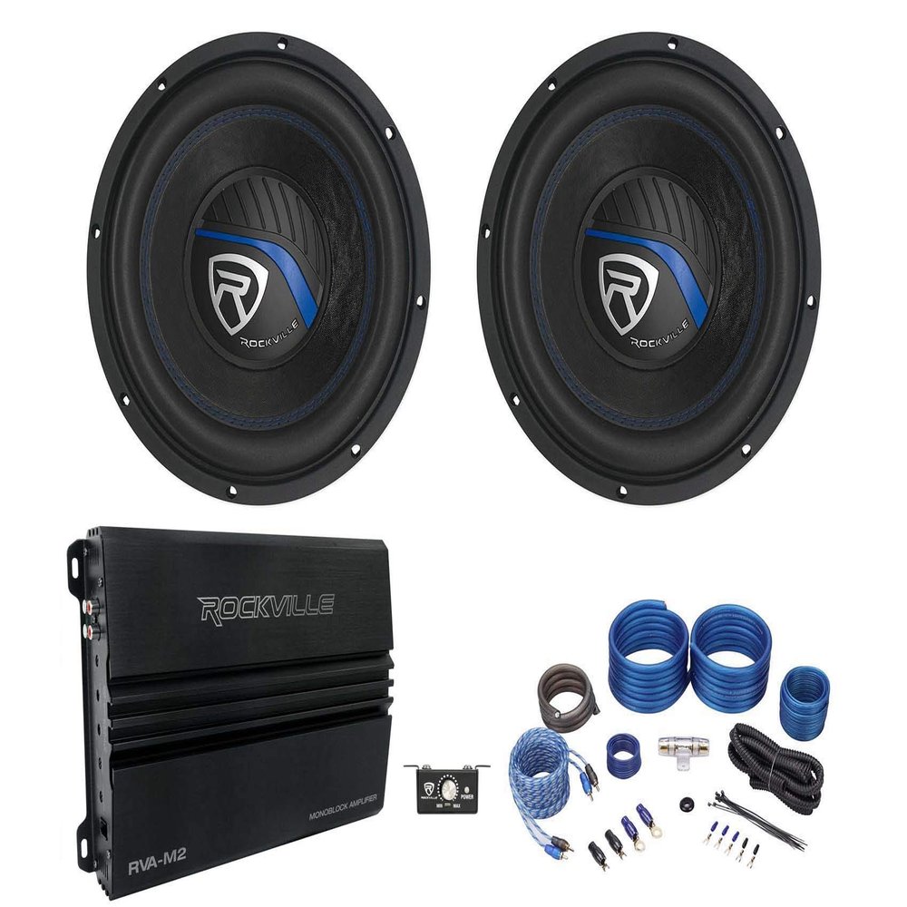 (2) Rockville K5 W10K5S2 10" 1200w 2 Ohm Car Subwoofers+Mono Amplifier+Amp Kit