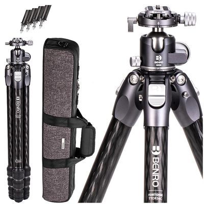 Benro Tortoise 3 Series Carbon Fiber Tripod Kit 4-Section Columnless Tripod with GX35 Dual-Pan Ball Head, Arca-Swiss Plate & 39.7 lb Load Capacity for DSLR, Mirrorless & Video Cameras (TTOR34CGX35)