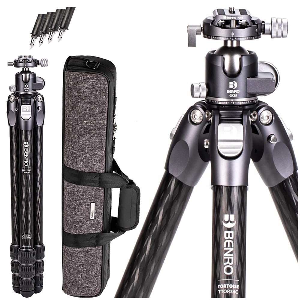 Benro Tortoise 3 Series Carbon Fiber Tripod Kit 4-Section Columnless Tripod with GX35 Dual-Pan Ball Head, Arca-Swiss Plate & 39.7 lb Load Capacity for DSLR, Mirrorless & Video Cameras (TTOR34CGX35)