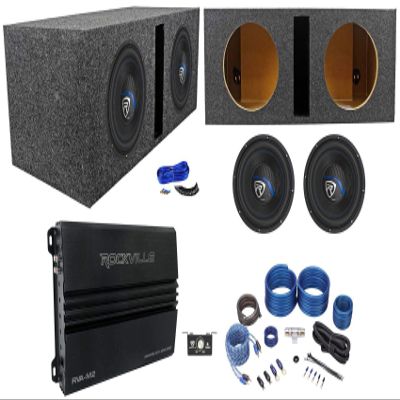2 Rockville K5 W10K5S2 10" 1200w Subwoofers+Vented Sub Box+Mono Amplifier+Wires