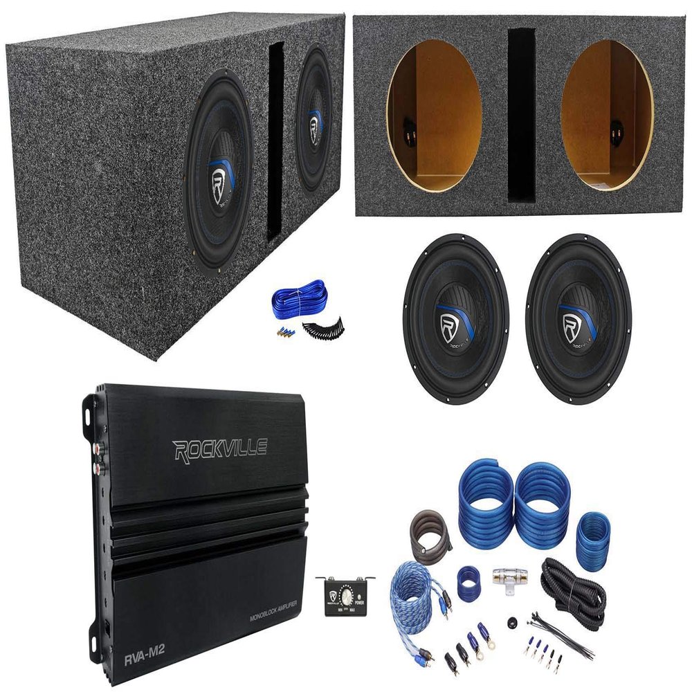 2 Rockville K5 W10K5S2 10" 1200w Subwoofers+Vented Sub Box+Mono Amplifier+Wires