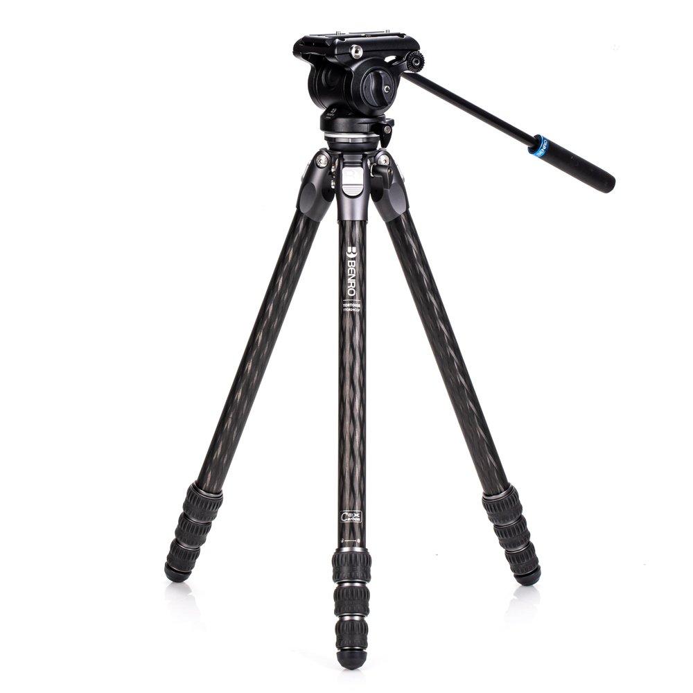 Benro Tortoise Columnless Carbon Fiber Travel Tripod Kit with S4PRO Flat-Base Video Head, 4-Section Legs, Low Minimum Height & 8.8 lb Payload (TTOR24CLVS4PRO)