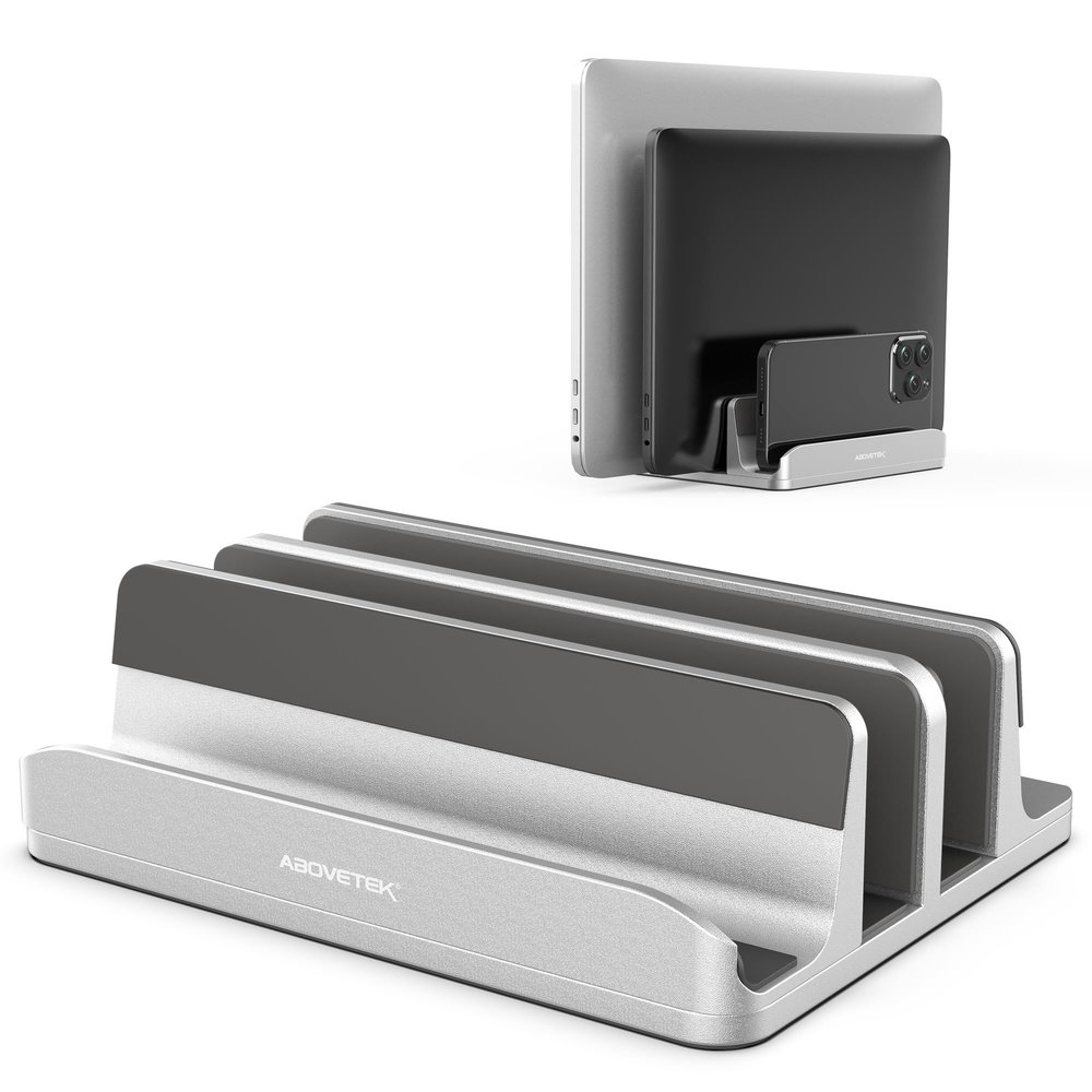 AboveTEK Vertical Laptop Stand, 3 Slots Aluminum Desk Laptop Holder & Laptop Docking Station Stand for MacBook, Tablet, Phone - Universal Fit (Up to 17.3") - Heavy Duty Polished, Anti Slide - Silver
