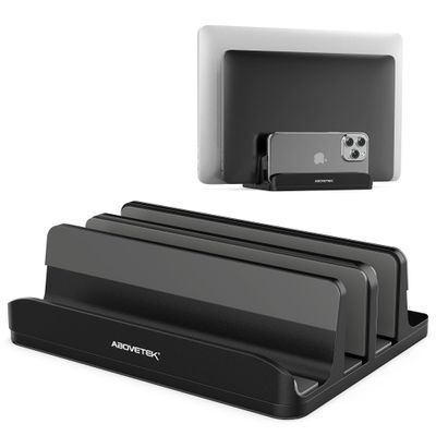 AboveTEK Vertical Laptop Stand Holder, 3 Slots Aluminum Desk Stand with Adjustable Dock Size for Tablet, MacBook, Phone - Universal Fit (up to 17.3") - Heavy Duty Polished, Anti Slide - Black