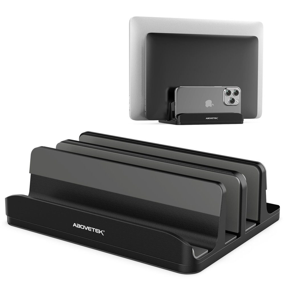 AboveTEK Vertical Laptop Stand Holder, 3 Slots Aluminum Desk Stand with Adjustable Dock Size for Tablet, MacBook, Phone - Universal Fit (up to 17.3") - Heavy Duty Polished, Anti Slide - Black