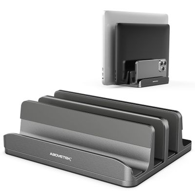 AboveTEK Vertical Laptop Stand, 3 Slots Aluminum Desk Laptop Holder & Laptop Docking Station Stand for MacBook, Tablet, Phone - Universal Fit (Up to 17.3") - Heavy Duty Polished, Anti Slide - Grey