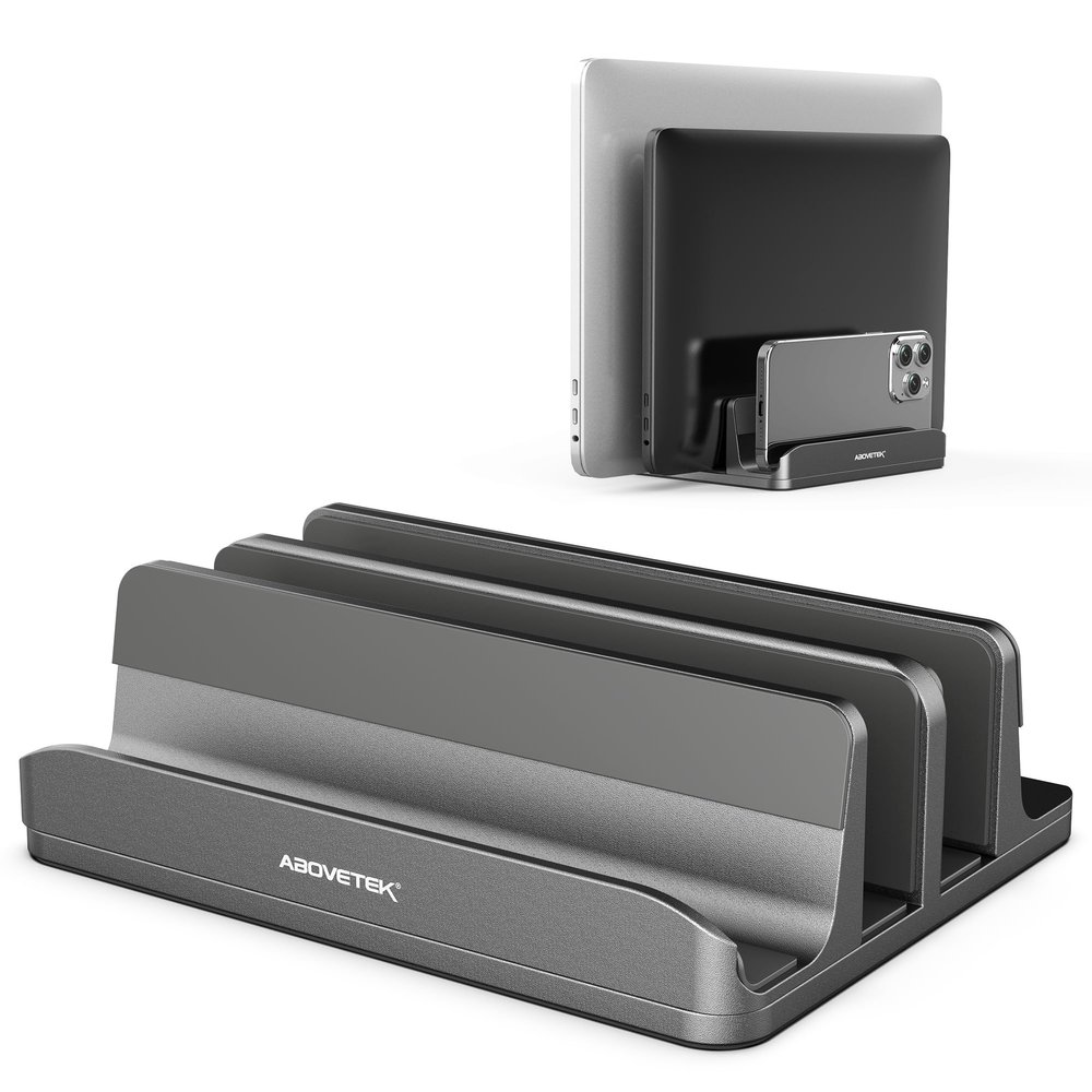 AboveTEK Vertical Laptop Stand, 3 Slots Aluminum Desk Laptop Holder & Laptop Docking Station Stand for MacBook, Tablet, Phone - Universal Fit (Up to 17.3") - Heavy Duty Polished, Anti Slide - Grey