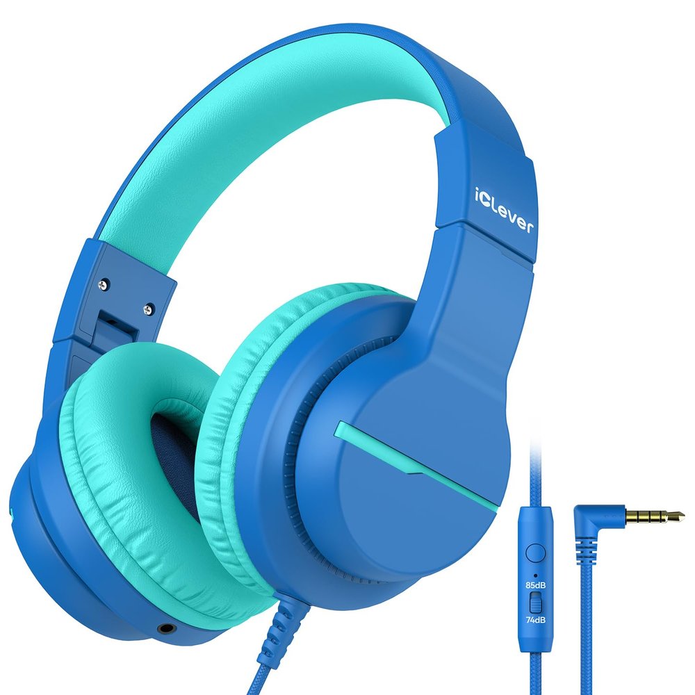 iClever HS19 Kids Headphones with Microphone for School, Volume Limiter 74/85dBA, Over-Ear Girls Boys Headphones for Kids with Shareport, Foldable for iPad/Travel (Navy Blue)