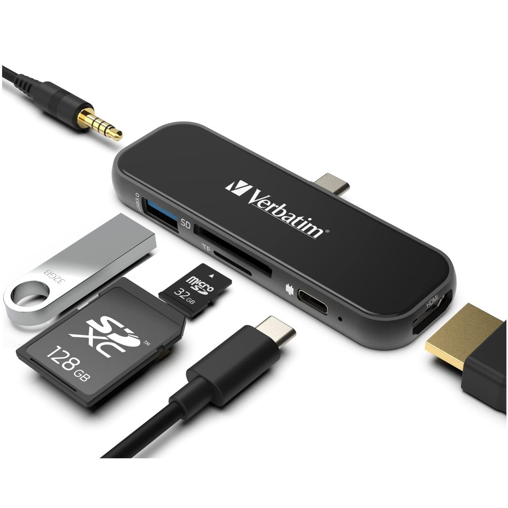 Verbatim 6-in-1 USB C Hub - Type C Hub w/ 100W PD, USB 3.0, SD Card Readers, 4K HDMI, 3.5mm Audio USB Hub for Laptop, Portable & Compact USB-C Hub