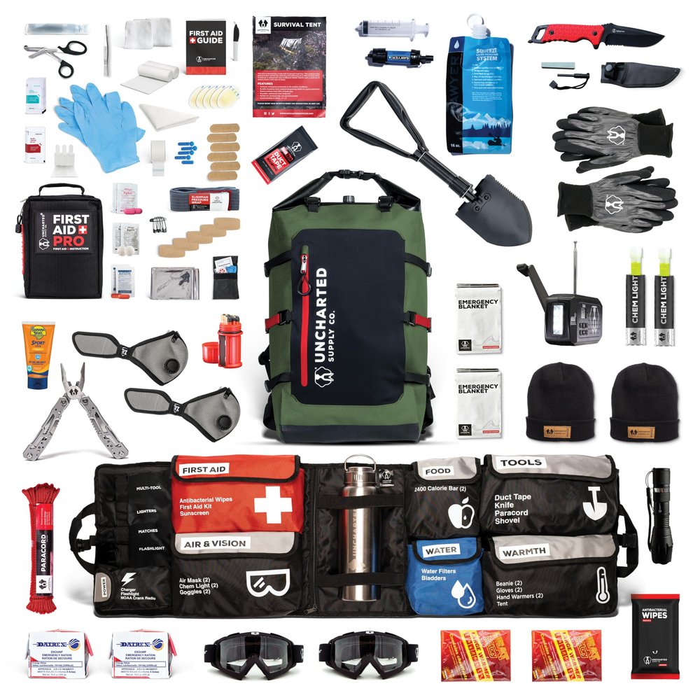 Uncharted Supply Co. The SEVENTY2 Pro 2-Person Survival System  72 Hour Emergency Preparedness Kit with 60+ Tools for Home, Car, Camping, and Disaster Readiness  Durable Waterproof Go Bag (Olive)