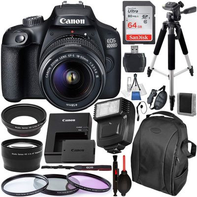 Canon EOS 4000D/Rebel T100 DSLR Camera with 18-55mm III Lens and Accessory Bundle Includes SanDisk Ultra 64GB SDXC Memory Card & Digital Slave Flash & 3PC Multi-Coated Filter Set & More (Renewed)