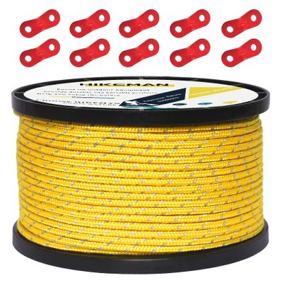 HIKEMAN 50m Reflective Guyline Solid Braid Nylon Camping Rope with Aluminum Adjuster Cord Tensioner Tent Accessory for Outdoor Travel,Hiking,Backpacking and Water Activities (Yellow, 3mm)