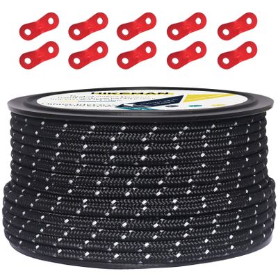 HIKEMAN 50m Reflective Guyline Solid Braid Nylon Camping Rope with Aluminum Adjuster Cord Tensioner Tent Accessory for Outdoor Travel,Hiking,Backpacking and Water Activities (Black, 5mm)