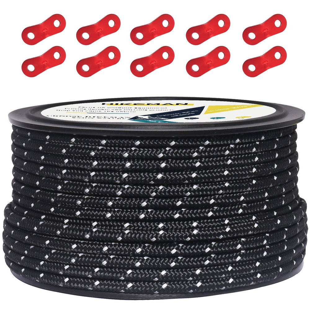 HIKEMAN 50m Reflective Guyline Solid Braid Nylon Camping Rope with Aluminum Adjuster Cord Tensioner Tent Accessory for Outdoor Travel,Hiking,Backpacking and Water Activities (Black, 5mm)