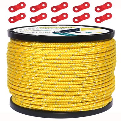 HIKEMAN 50m Reflective Guyline Solid Braid Nylon Camping Rope with Aluminum Adjuster Cord Tensioner Tent Accessory for Outdoor Travel,Hiking,Backpacking and Water Activities (Yellow, 4mm)