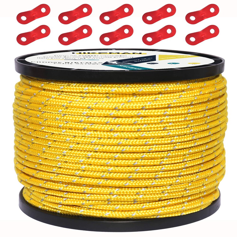 HIKEMAN 50m Reflective Guyline Solid Braid Nylon Camping Rope with Aluminum Adjuster Cord Tensioner Tent Accessory for Outdoor Travel,Hiking,Backpacking and Water Activities (Yellow, 4mm)