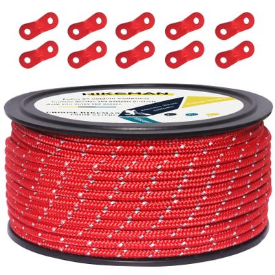 HIKEMAN 50m Reflective Guyline Solid Braid Nylon Camping Rope with Aluminum Adjuster Cord Tensioner Tent Accessory for Outdoor Travel,Hiking,Backpacking and Water Activities (Red, 5mm)