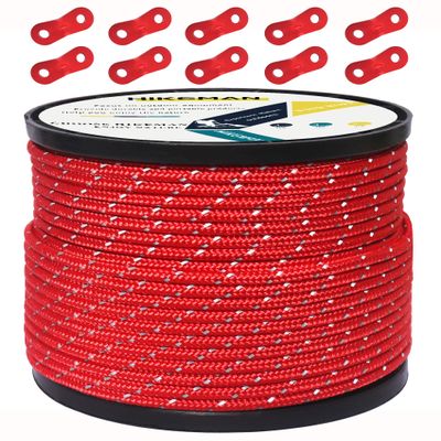 HIKEMAN 50m Reflective Guyline Solid Braid Nylon Camping Rope with Aluminum Adjuster Cord Tensioner Tent Accessory for Outdoor Travel,Hiking,Backpacking and Water Activities (Red, 4mm)