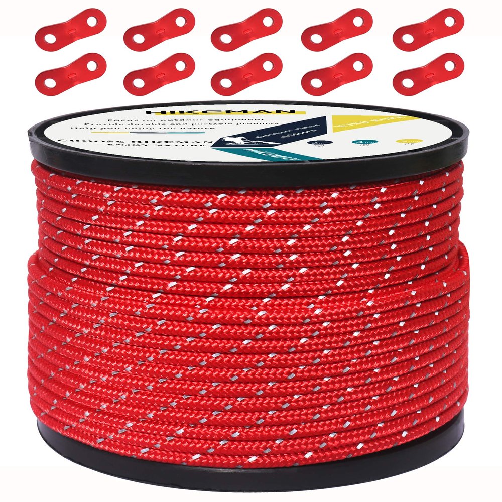 HIKEMAN 50m Reflective Guyline Solid Braid Nylon Camping Rope with Aluminum Adjuster Cord Tensioner Tent Accessory for Outdoor Travel,Hiking,Backpacking and Water Activities (Red, 4mm)