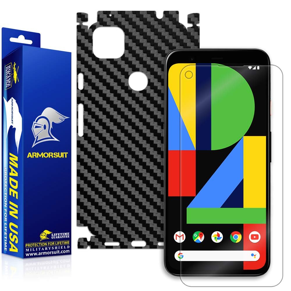 Armorsuit MilitaryShield Black Carbon Fiber Skin Wrap Film + HD Clear Screen Protector Designed for Google Pixel 4a Film