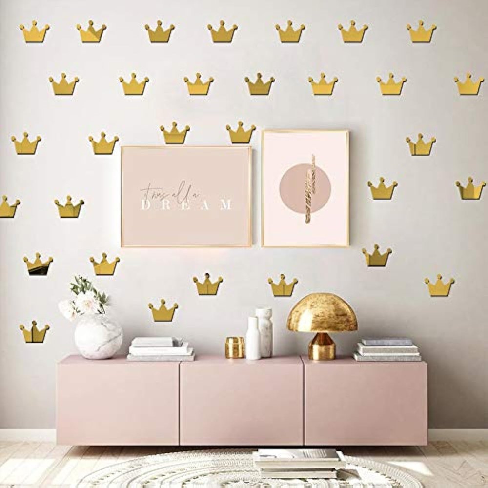 20PCS Crown Mirror Wall Stickers, Princess Baby Room Decor for Kids Rooms, Gold Crown Decal (Acrylic Material)