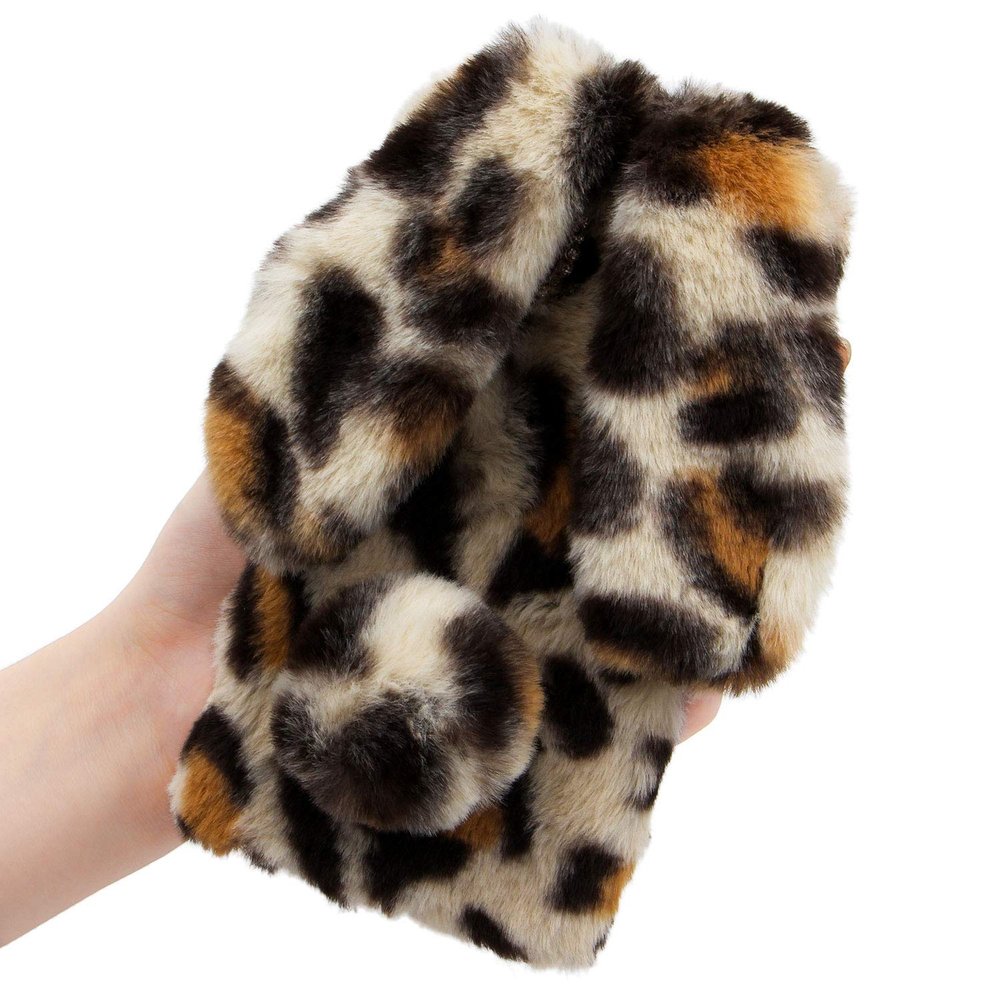 LCHDA Rabbit Case for Samsung Galaxy A11, Cute 3D Bunny Ears Soft Furry Hairball Fuzzy Warm Winter Faux Fur Plush Fluffy Flexible TPU Bumper Women Girls Protective Skin Cover - Leopard Beige
