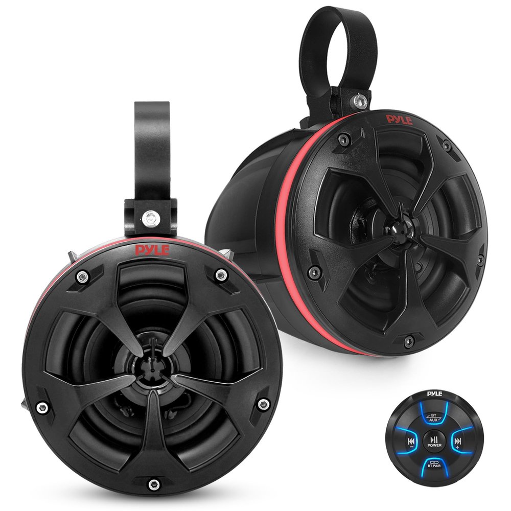 Pyle 2-Way Waterproof Off Road Speakers - 4" 800W Active Passive Marine Grade Wakeboard Tower RGB Speakers System w/Bluetooth Controller, Full Range Stereo Speaker for ATV/UTV Jeep Boat PLUTV48KBTR