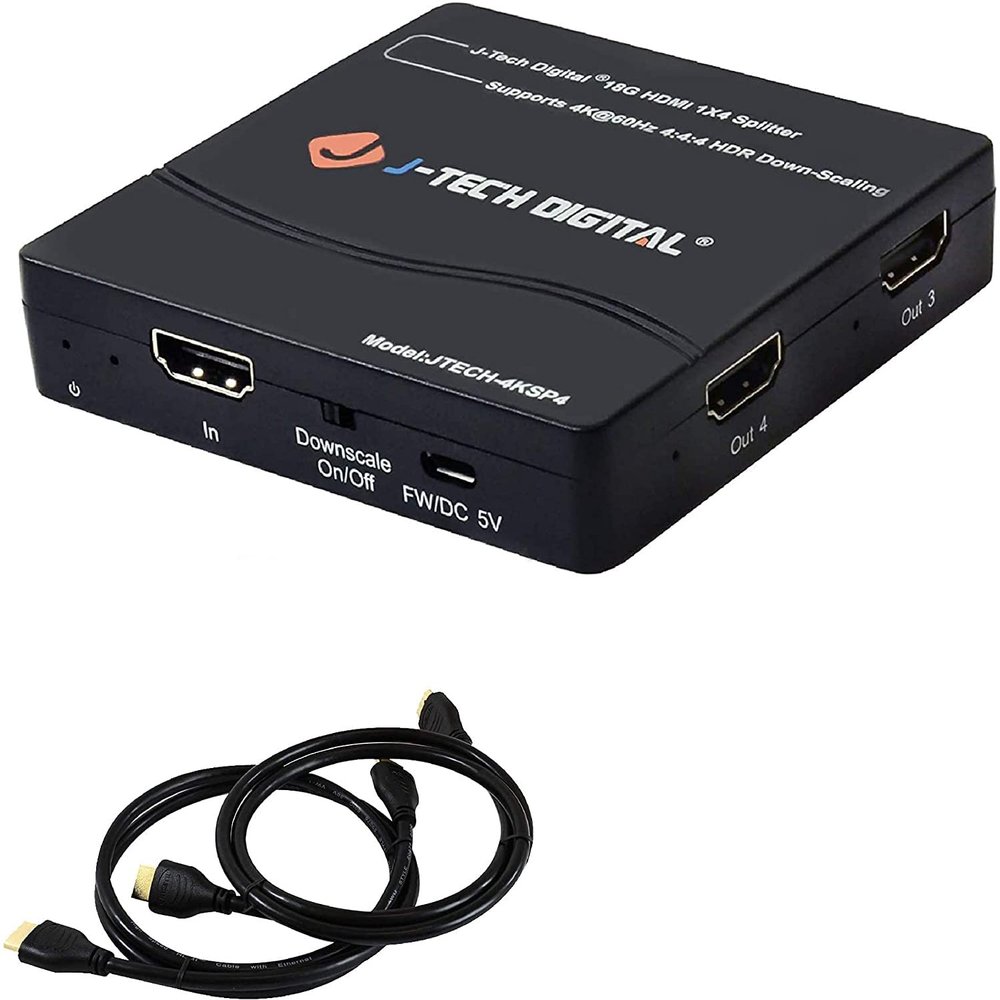 J-Tech Digital HDMI Splitter 4K 60Hz 1X4 Multi-Resolution Output (MRO) HDMI 2.0 Splitter Supports downscale HDR HDR10 / Dolby Vision 4K at 60Hz 4:4:4 HDCP2.3 2.2 with HDMI 2.0 3ft Cable