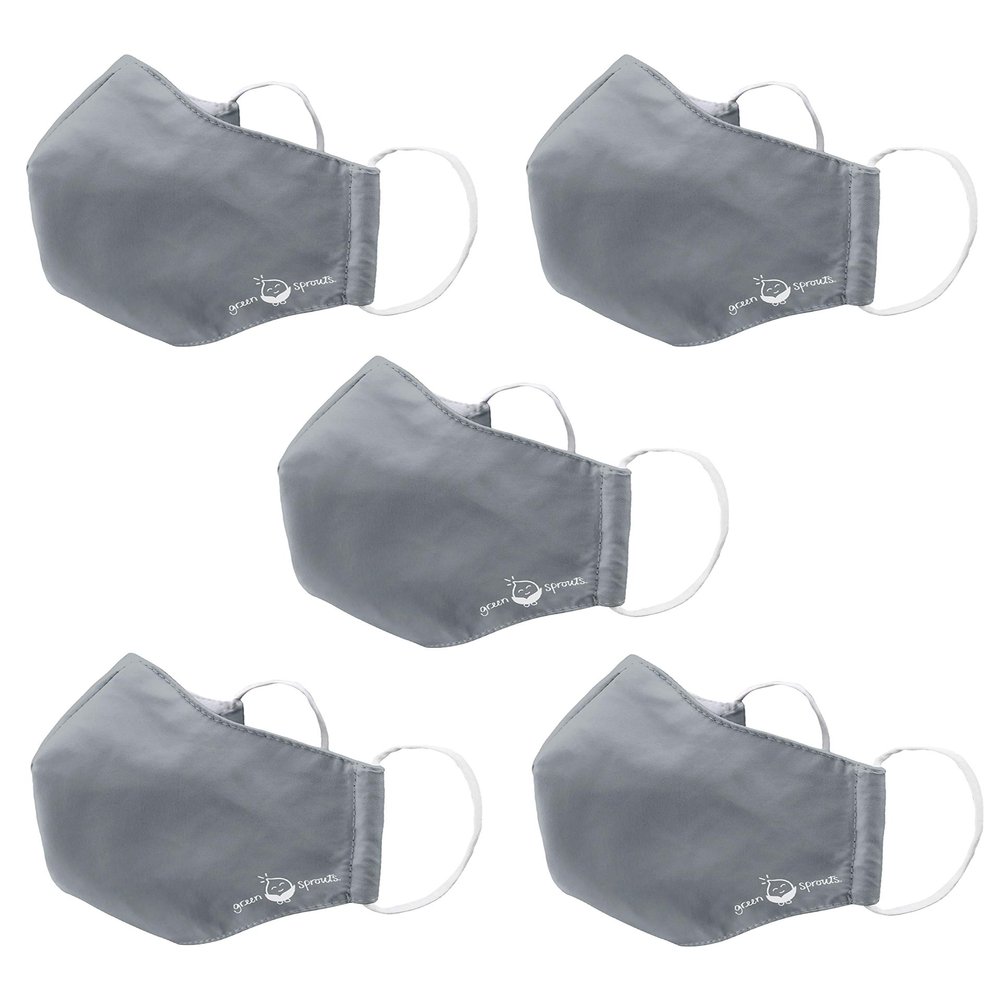 green sprouts i play 5 Pack Reusable Face Mask and Storage Bag with Carbon Filter and Water-Resistant Teen/Adult Medium Grey