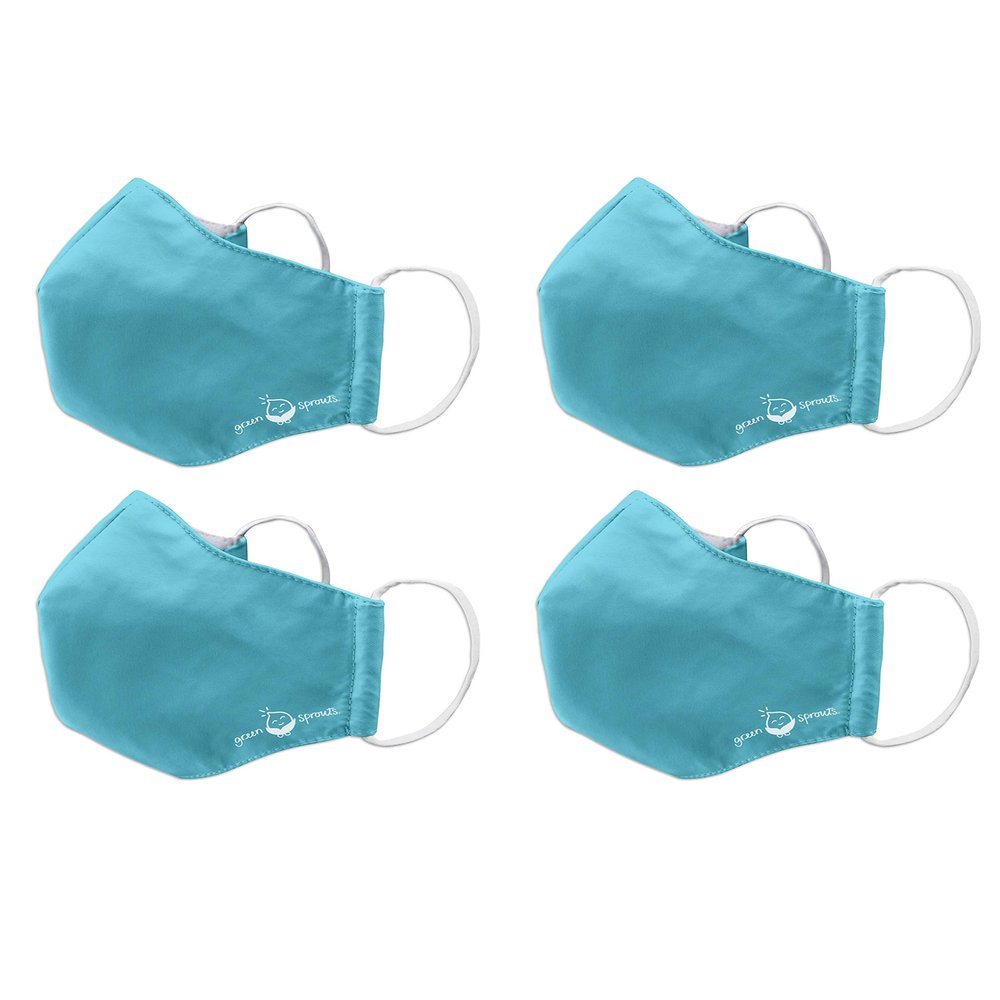 green sprouts i play 4 Pack Reusable Face Mask and Storage Bag with Carbon Filter and Water-Resistant Adult Large Aqua