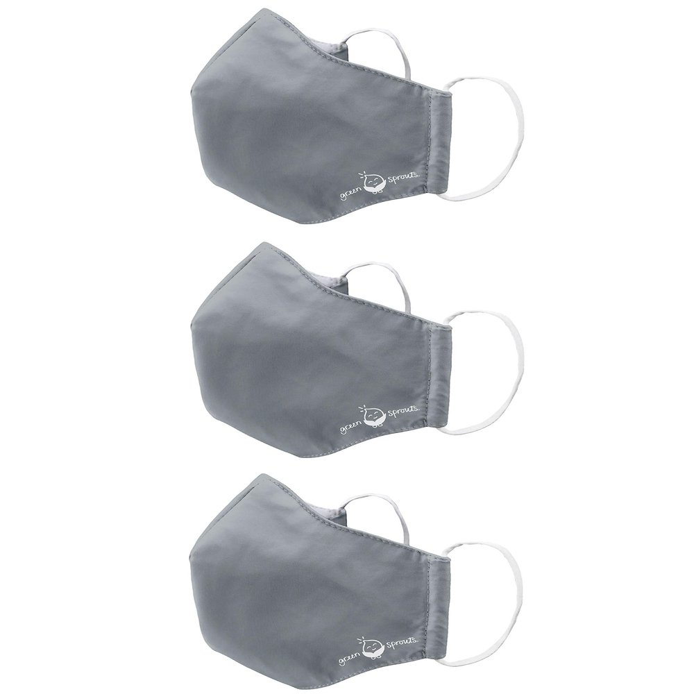 green sprouts i play 3 Pack Reusable Face Mask and Storage Bag with Carbon Filter and Water-Resistant Adult Large Grey