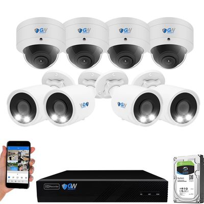 GW Security 8 Channel 12MP NVR UltraHD 4K (3840x2160) PoE Security Camera System with 4 Bullet and 4 Dome 4K (8MP) IP Microphone AI Camera, 100ft Night Vision, Outdoor/Indoor Surveillance Camera