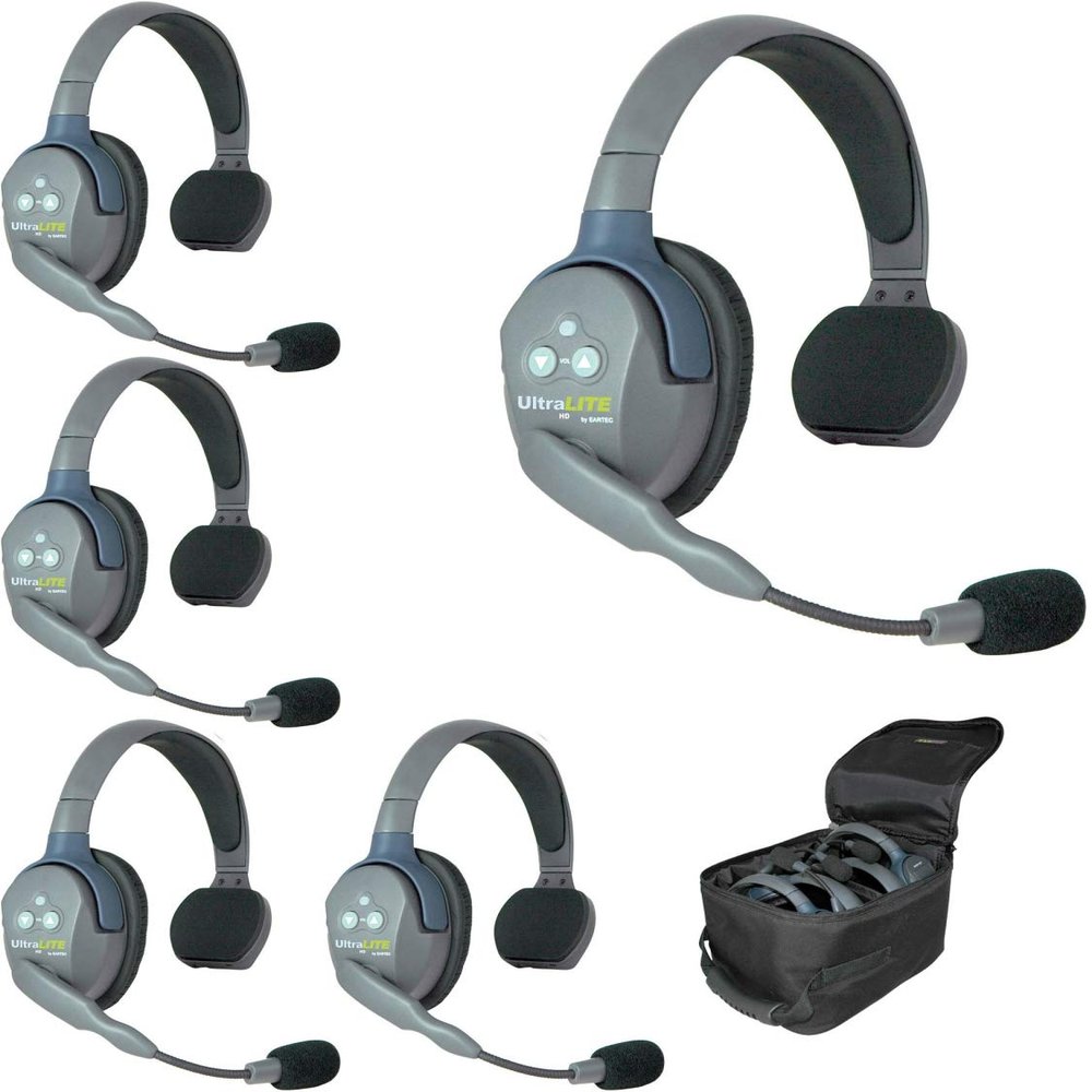 Eartec UL5S UltraLITE 5-Person Single-Ear Headset System with Single-Ear Master Headset and 4x Single-Ear Remote Headset