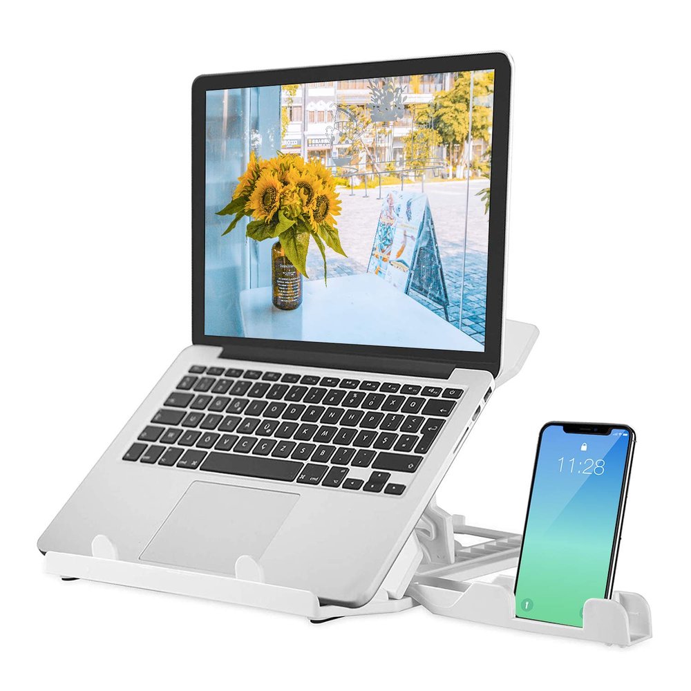 Adjustable Laptop Stand, Laptop Computer Holder with Integrated Phone Holder, Multi-Angle and Height Foldable Laptop Mount with Portable Handle, Compatible for 9 to 15.6 Laptops (White)