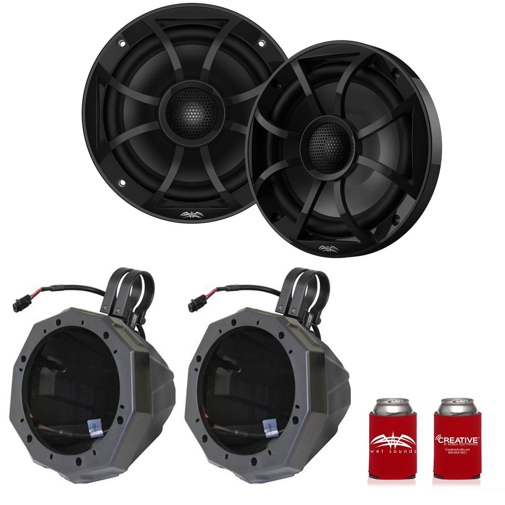 Wet Sounds Recon 6-BG 6.5" Black Grill Marine Speakers with US2-C65U-150 Black Speaker Pod with 1.50" Roll Bar Clamps