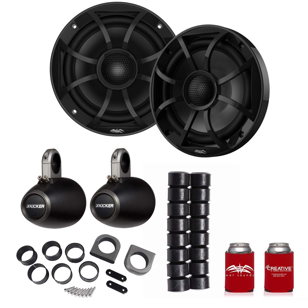 Wet Sounds Recon 6-BG 6.5" Black Grill Marine Speakers with Kicker 12KMTES and KMTAP
