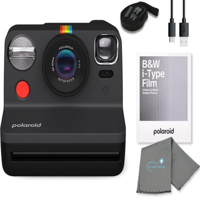 Polaroid Gen 2 Now I-Type Instant Film Camera - Black Bundle with a B&W i-Type Film Pack (8 Instant Photos) and a Cleaning Cloth