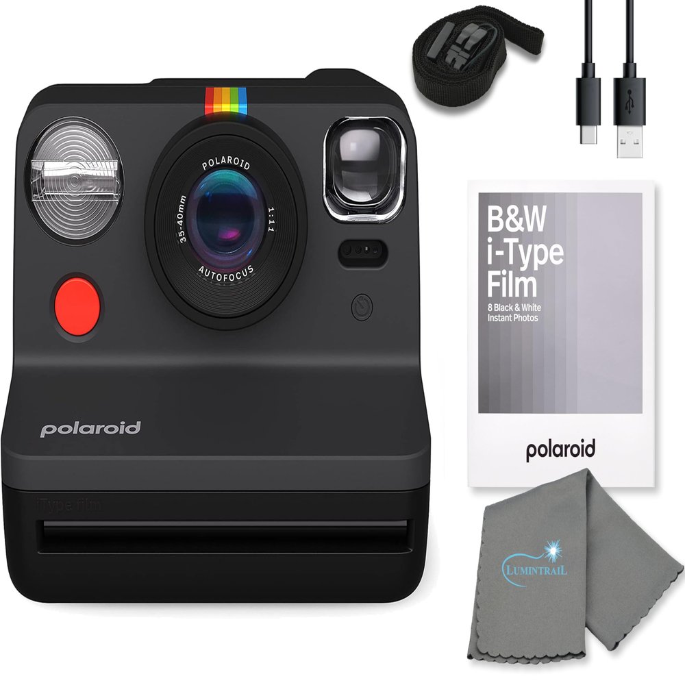 Polaroid Gen 2 Now I-Type Instant Film Camera - Black Bundle with a B&W i-Type Film Pack (8 Instant Photos) and a Cleaning Cloth