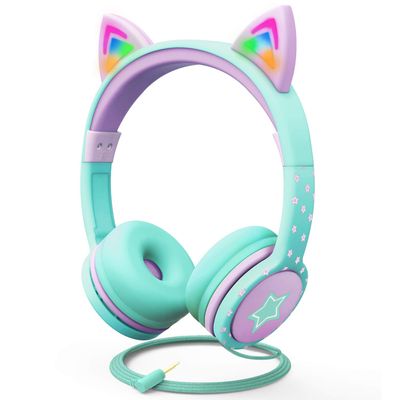FosPower Kids Headphones with LED Cat Ears (85dB Safe Volume Limit), 3.5mm Soft On-Ear Wired Headphones with Tangle-Free Laced Cables for iPad/Tablet/School/Travel - Teal/Light Purple