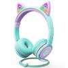 FosPower Kids Headphones with LED Cat Ears (85dB Safe Volume Limit), 3.5mm Soft On-Ear Wired Headphones with Tangle-Free Laced Cables for iPad/Tablet/School/Travel - Teal/Light Purple view 1