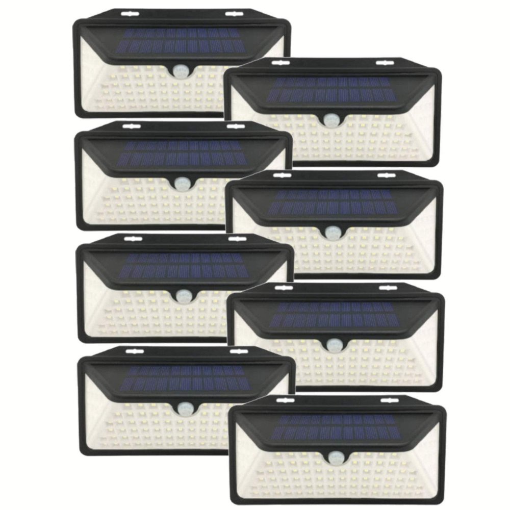 WBM Smart Solar Lights Outdoor 100 Led Wall Lights, IP65 Waterproof, Easy-to-Install Security Lights for Front Door, Yd, Garage, Deck, Pack of 8,Black,LE-11-4PK