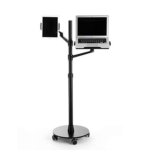 360 Rotation Aluminum Alloy 3 in 1 Mobile+Tablet PC Holder+Laptop Stand Holder Dual Arm Office Floor Stand Lapdesk Bracket UP-9L (Black)