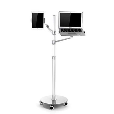 360 Rotation Aluminum Alloy 3 in 1 Mobile+Tablet PC Holder+Laptop Stand Holder Dual Arm Office Floor Stand Lapdesk Bracket UP-9L (Silver)